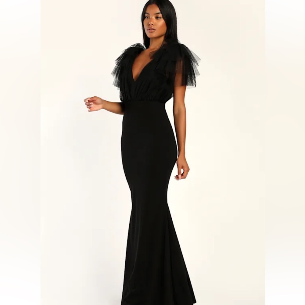 Lulus fabulous fun black tulle flutter sleeve mermaid maxi dress